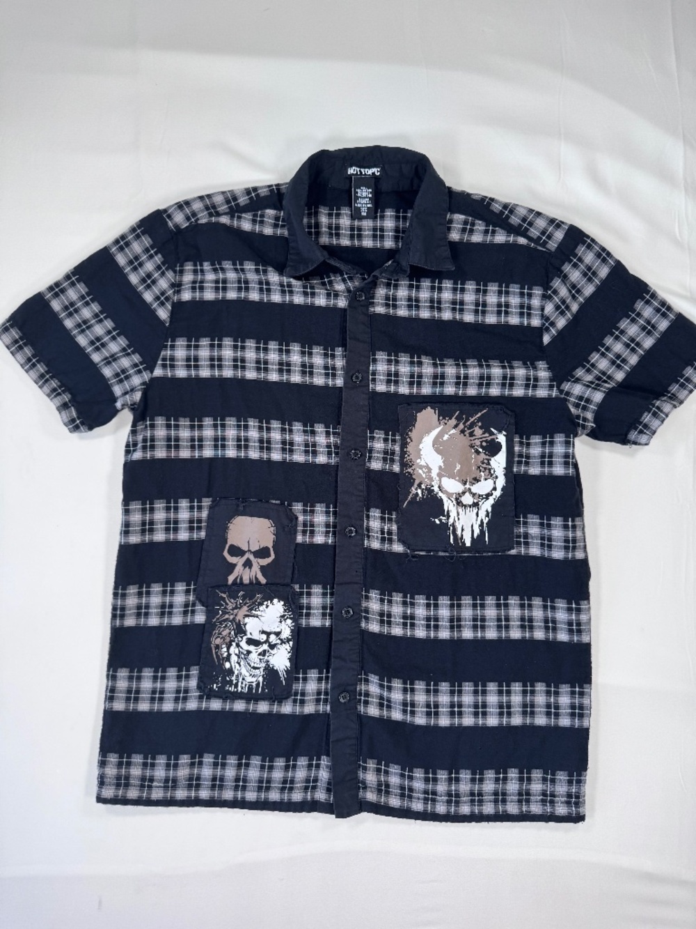 Hot Topic Shirt Plaid Skull Patch Black Grey Men's Small S Grunge Metal Rocker